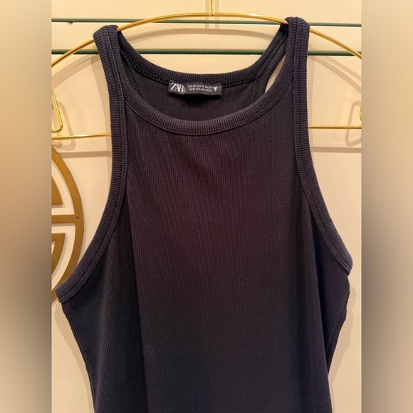 Zara Tank Dress Women S Black Ribbed Knit Round Neck Textured Bodycon Sleeveless - Picture 4 of 4